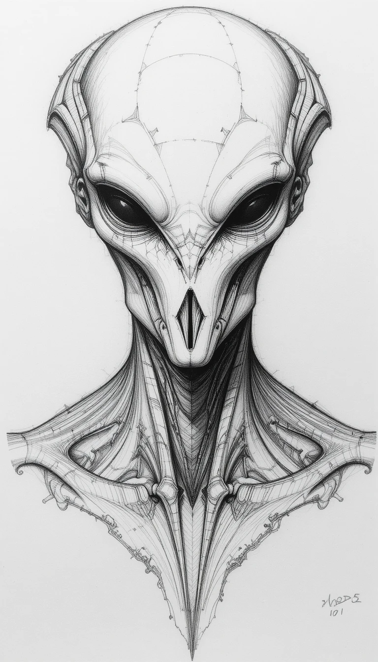 Pencil sketch of a stylized alien bust with dome shaped head