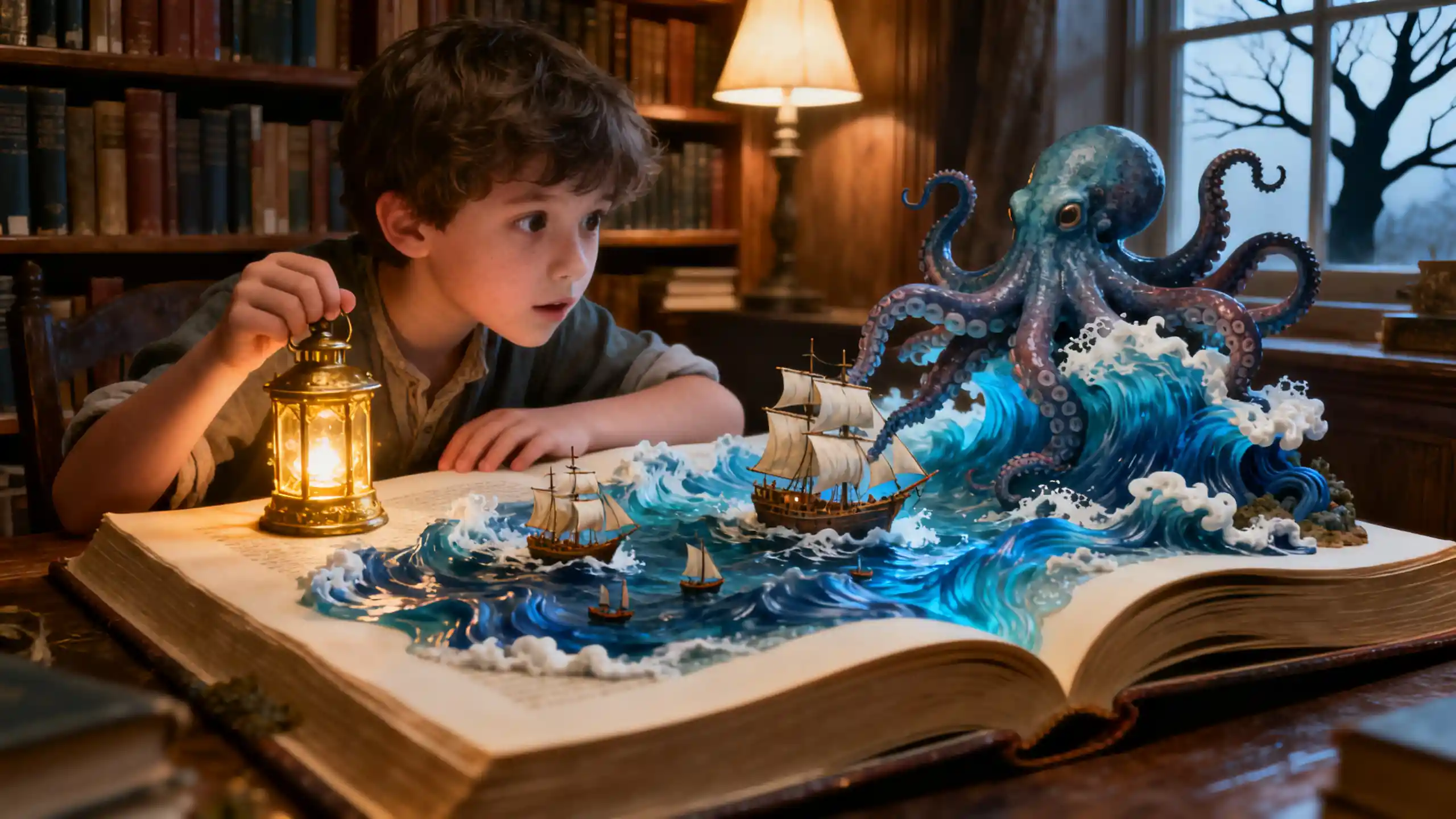 Boy Discovering A Magical Ocean World Inside A Book