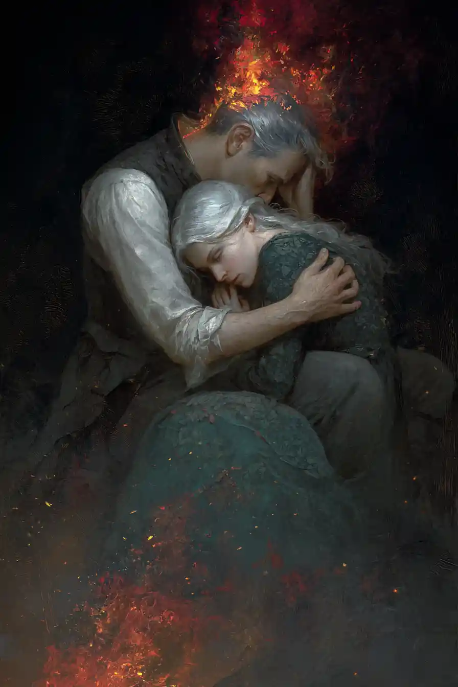 Heartbroken man watching a witch walk away in flames