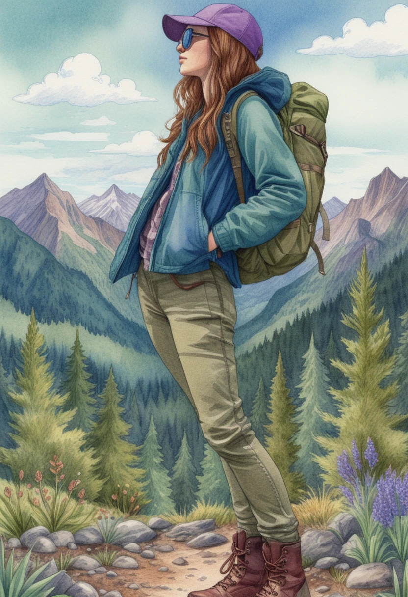 Young woman hiker in profile against distant mountain landscape