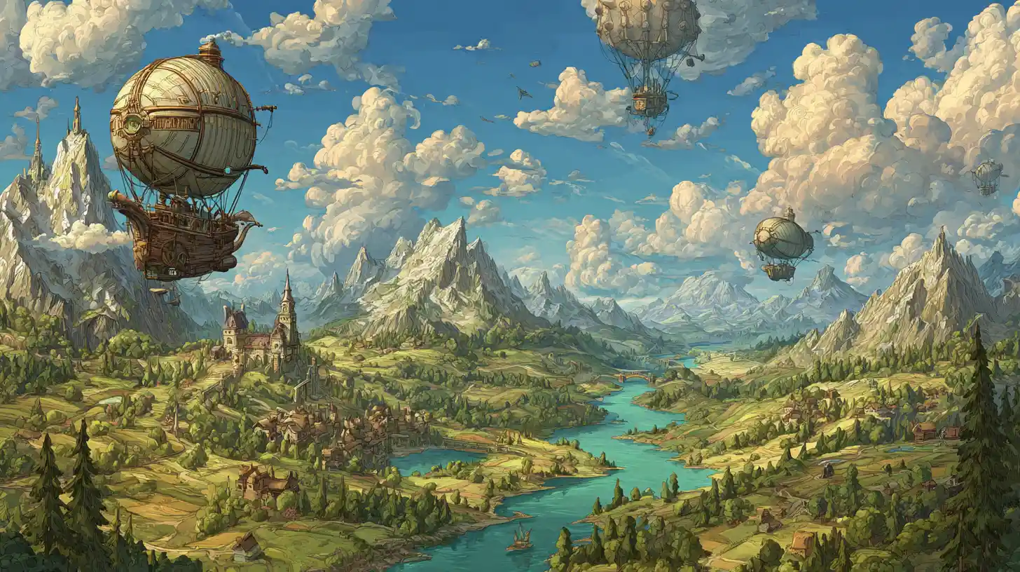 Colorful steampunk airships over a river mountain valley