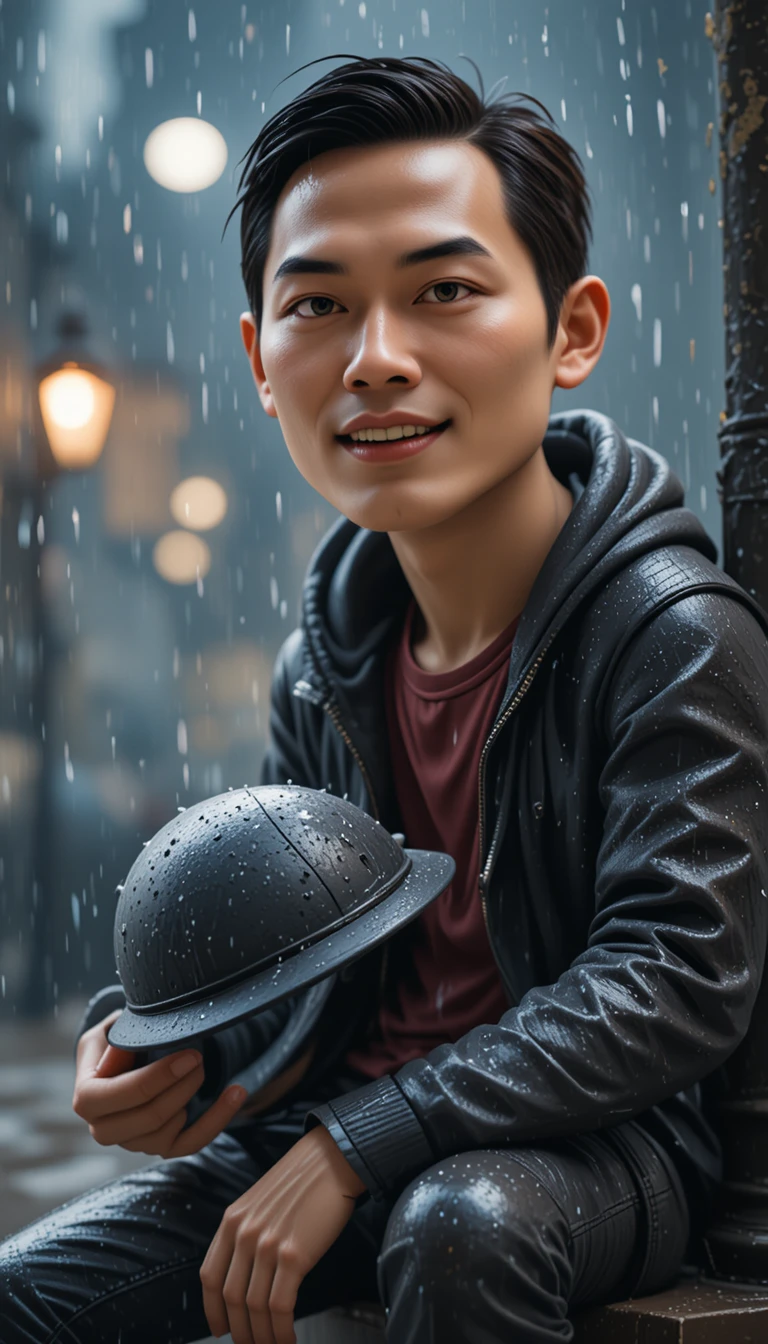 Smiling young man in the rain with hat and streetlamp