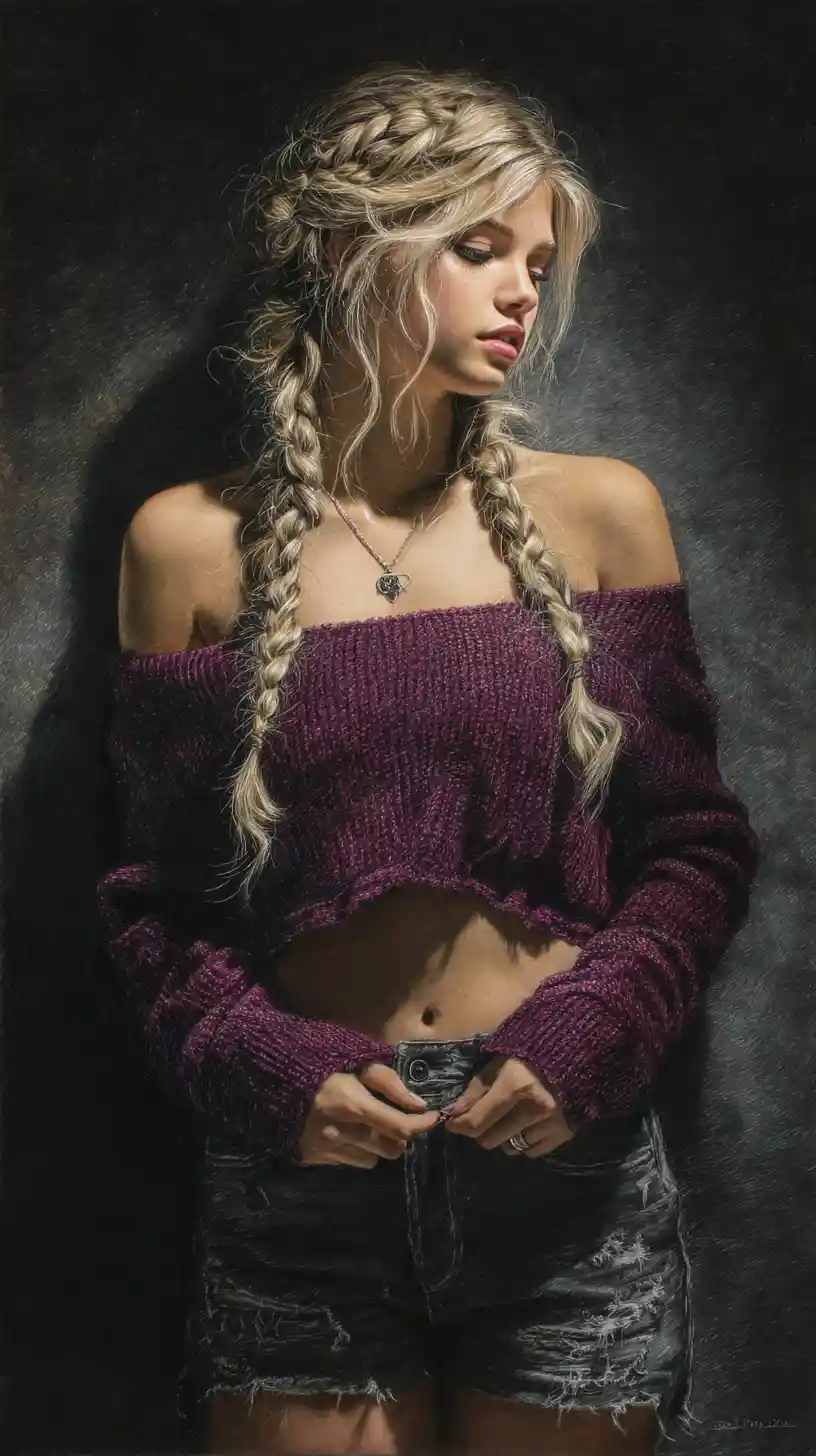 Retrato a lápiz sombrío de una mujer rubia con trenzas y suéter