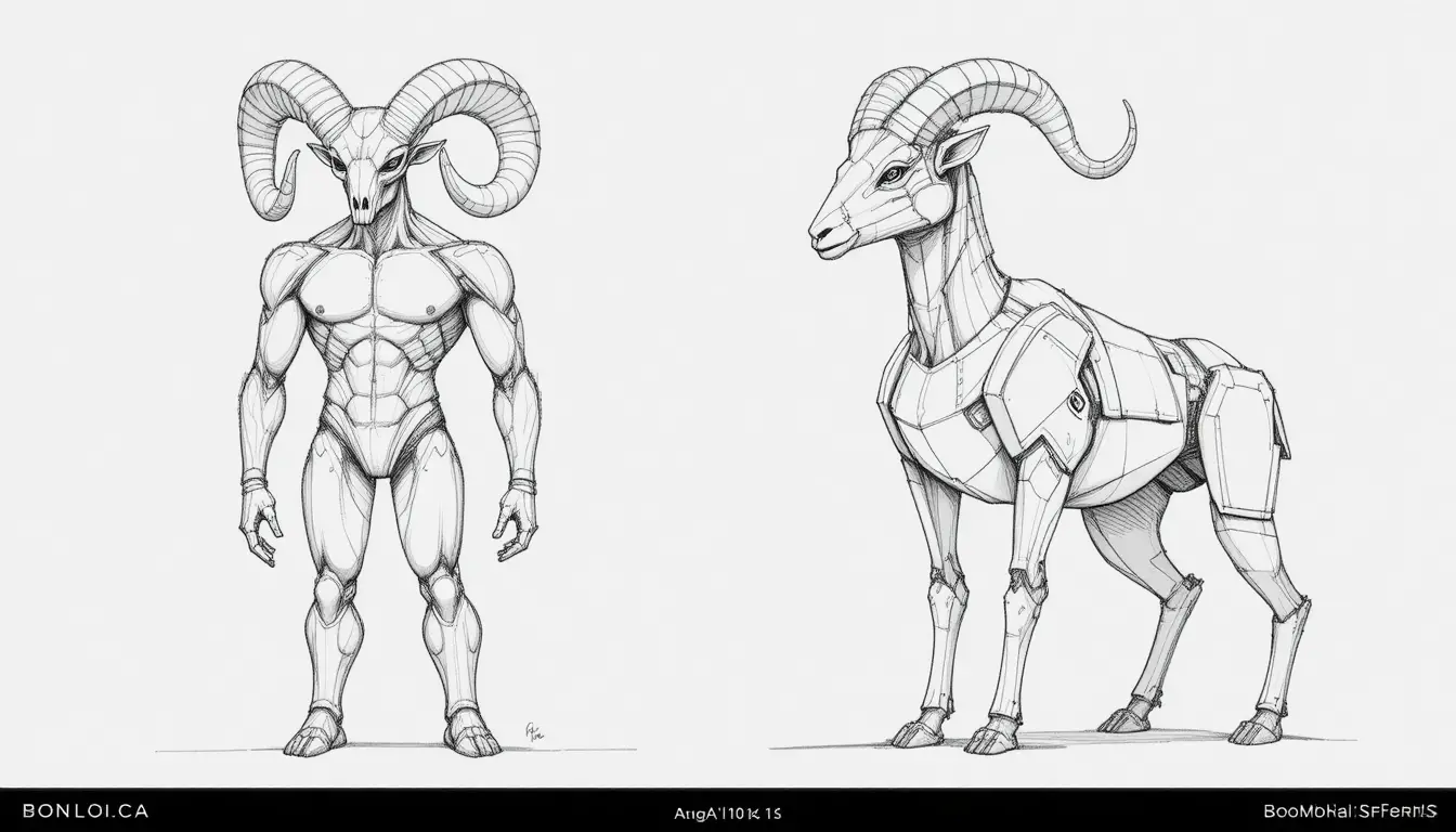 Pencil sketch of humanoid ram and quadruped ram concept