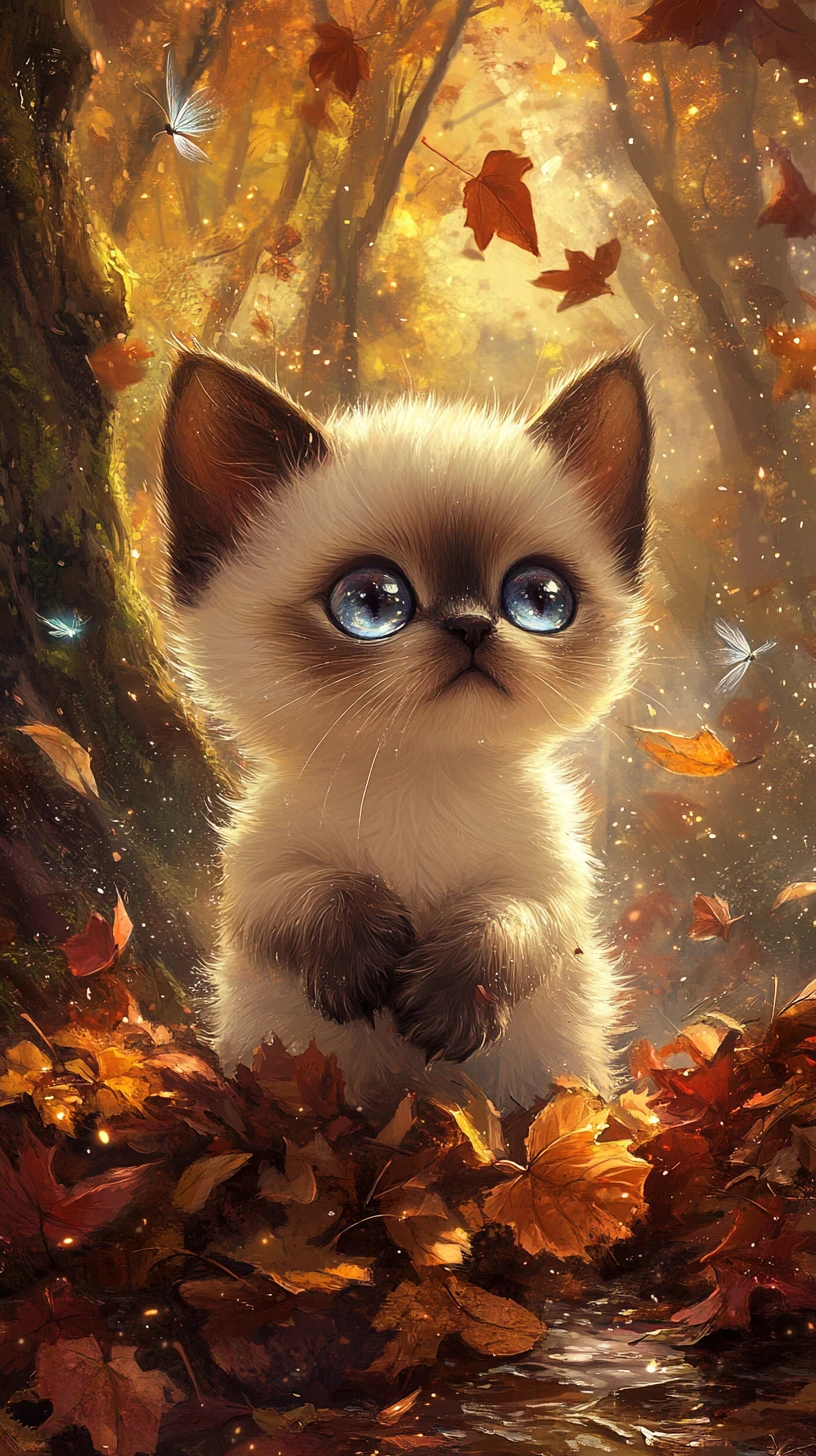 Chibi Siamese kitten playing in a swirl of autumn leaves