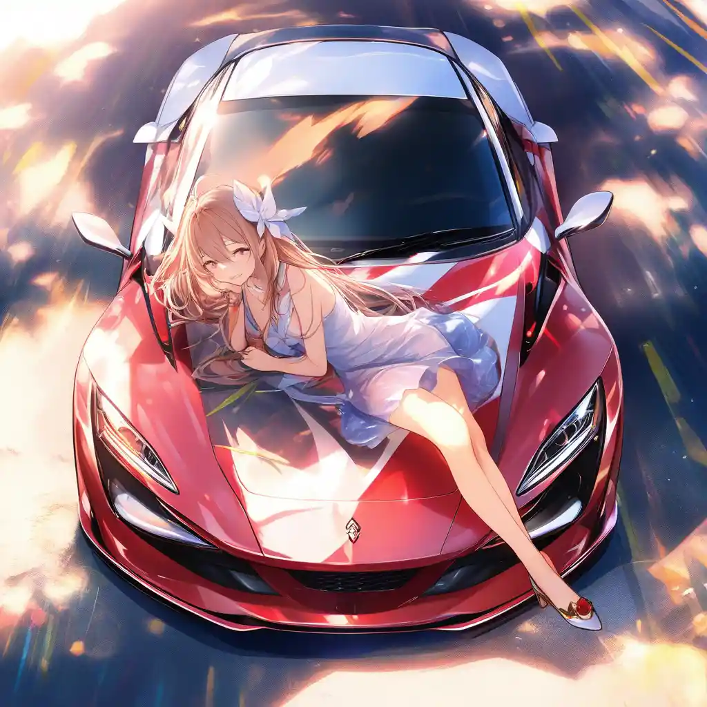 Woman in short dress relaxing on a sleek sports car