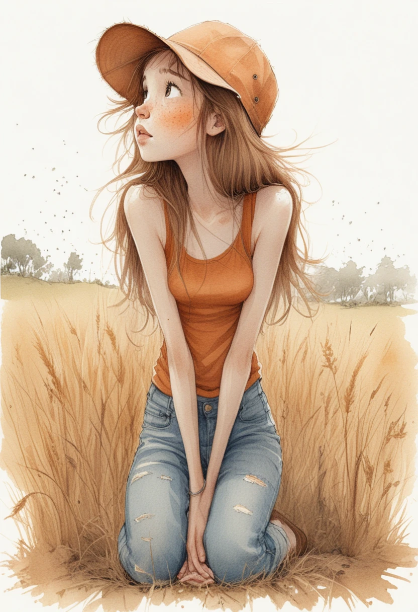 Young girl in dry grass gazing upward in wonder