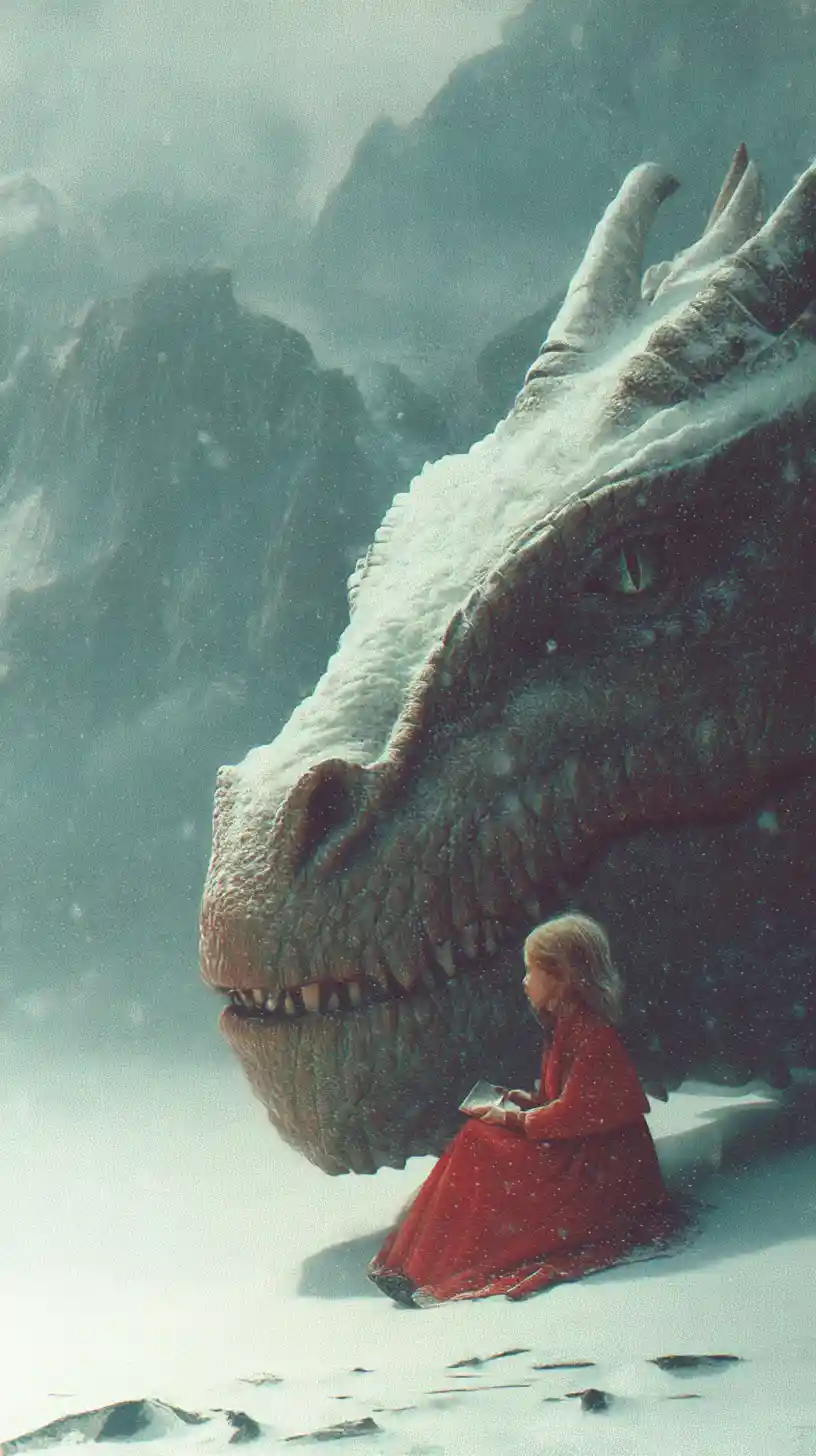 Ragazza in rosso accanto a un drago su un altopiano innevato