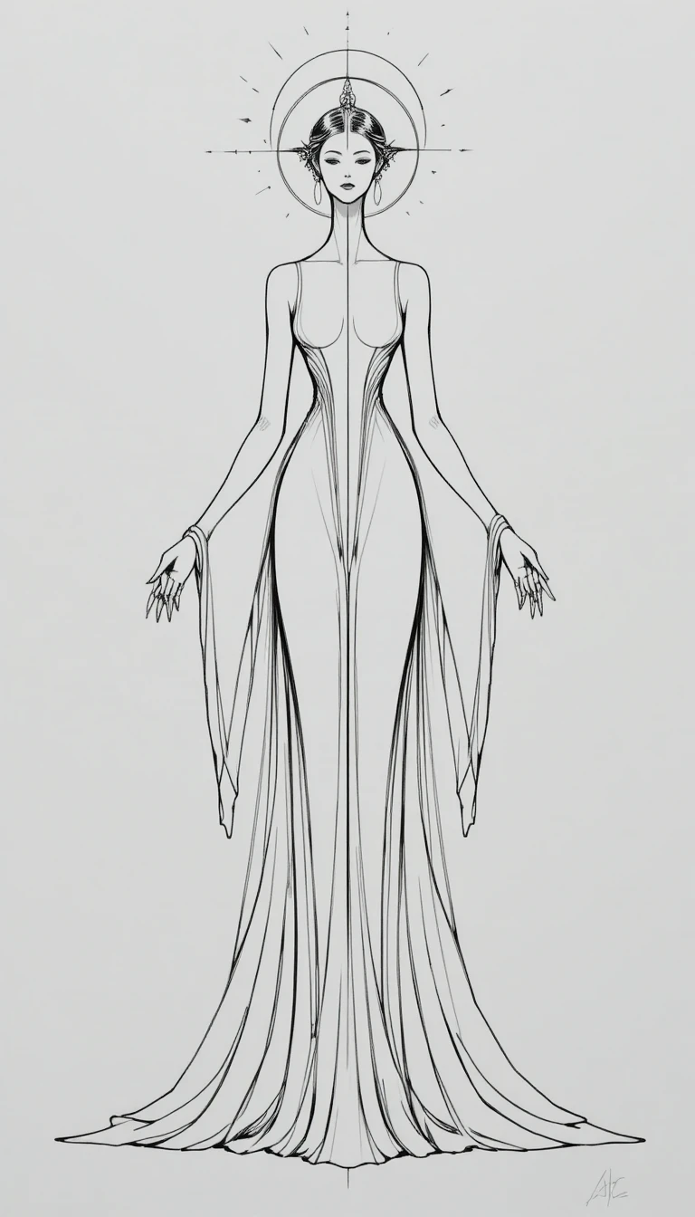 Minimalist black and white star goddess in flowing gown
