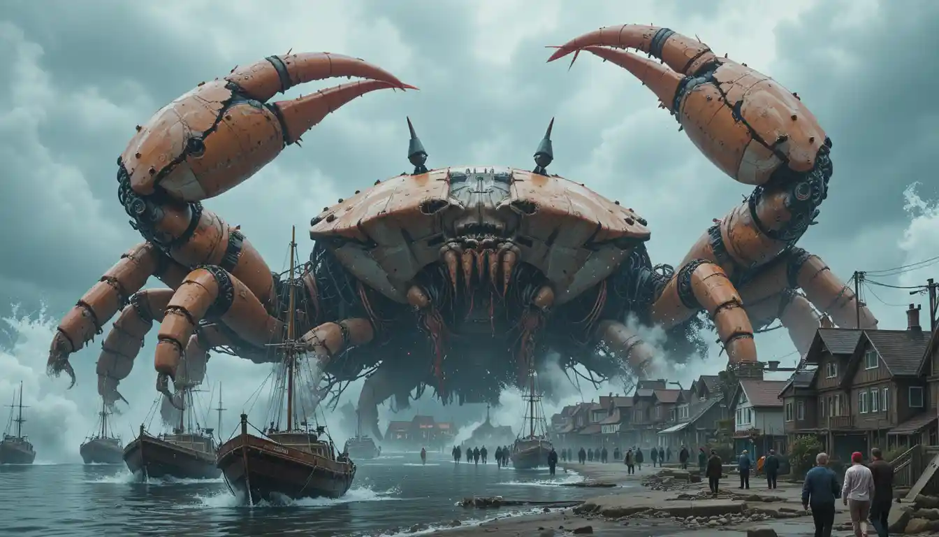 Giant cyborg crab attacking a stormy seaside village