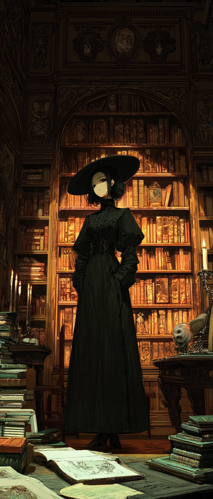 Bibliotecaria de anime enigmática en una biblioteca gótica iluminada por velas