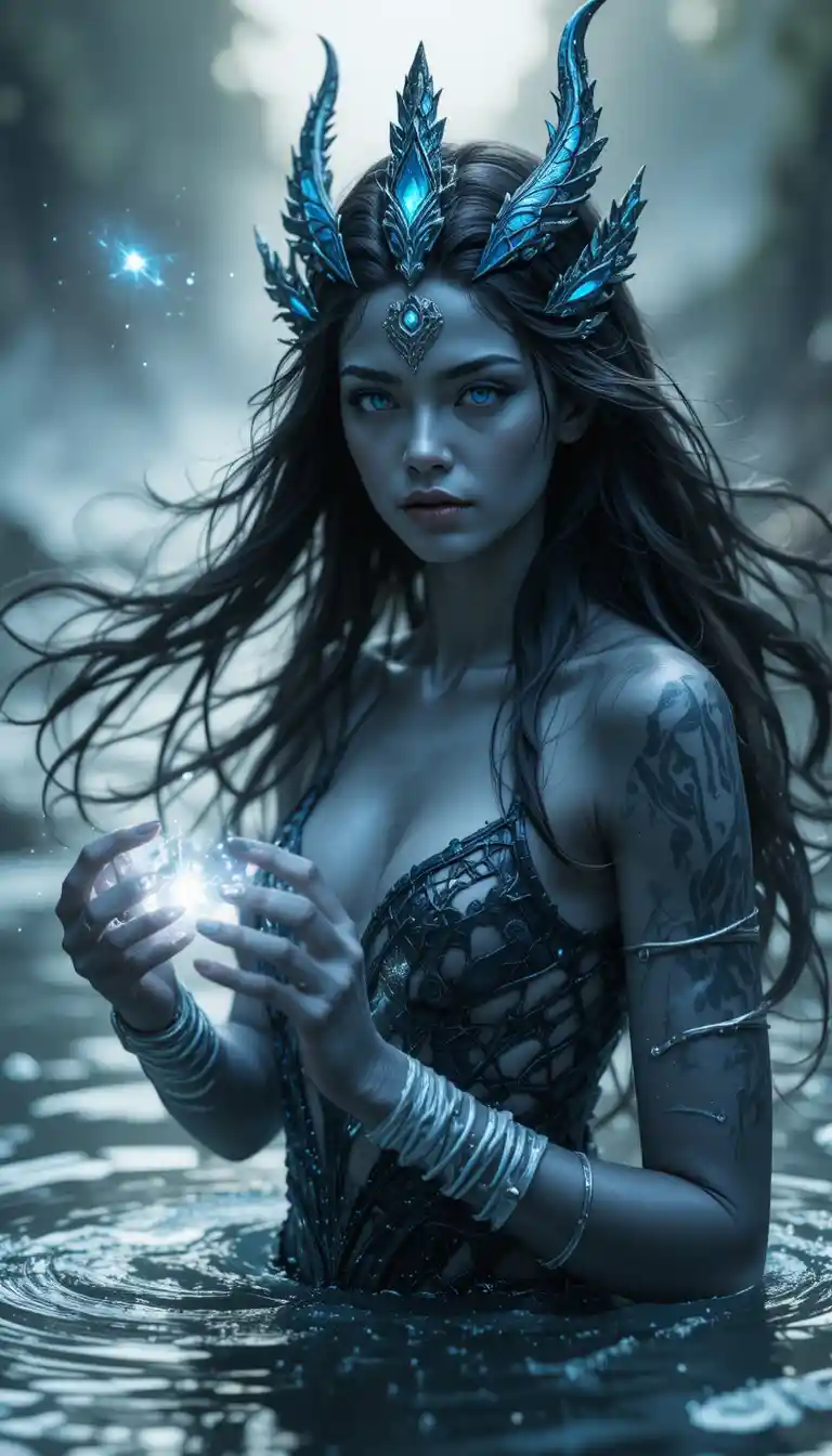 Mystical siren with blue gray skin above shimmering water