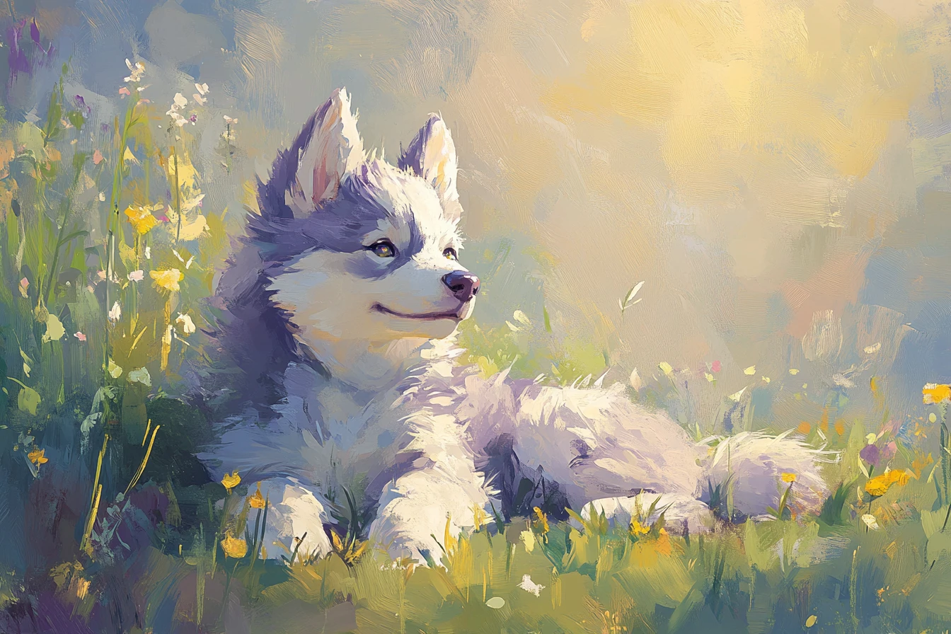 Cachorro husky esponjoso jugando en un prado primaveral luminoso