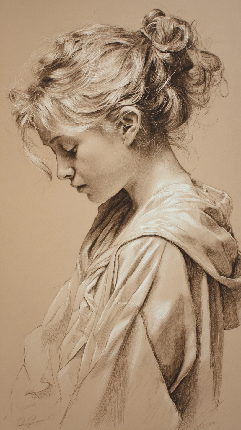 Side profile pencil portrait of a pensive young woman