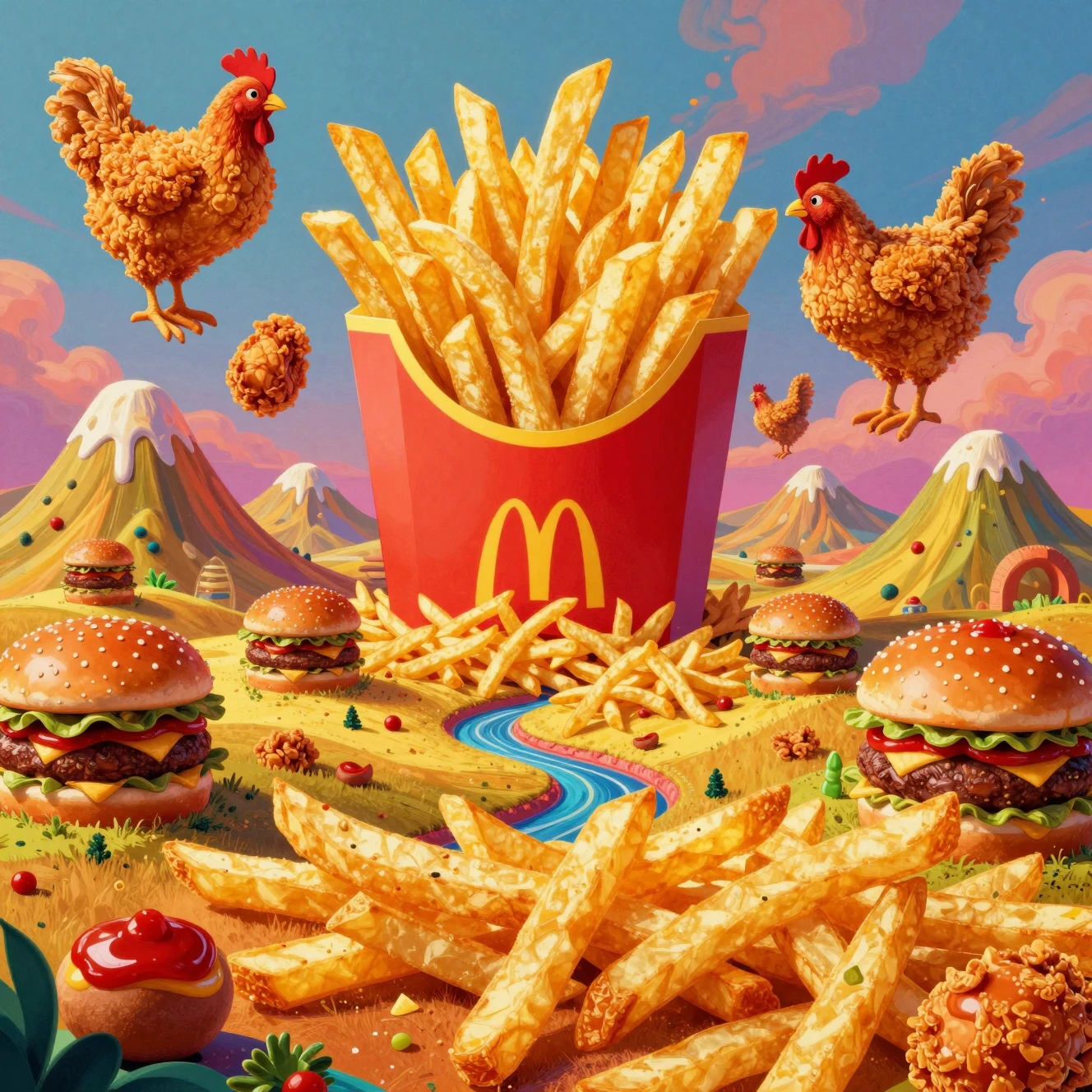 Paesaggio Surreale di Fast Food in Vivace Stile Pop Art