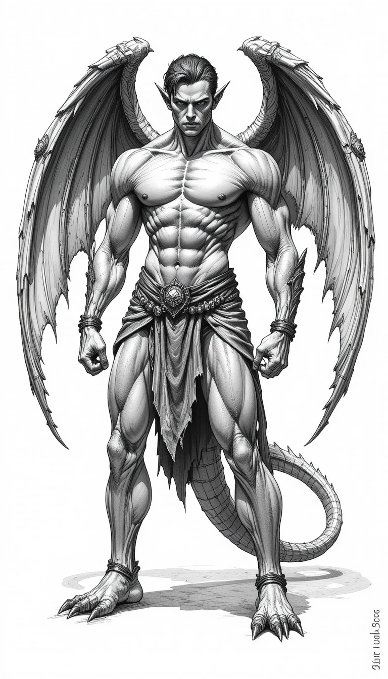 Winged gargoyle warrior in detailed pencil fantasy drawing