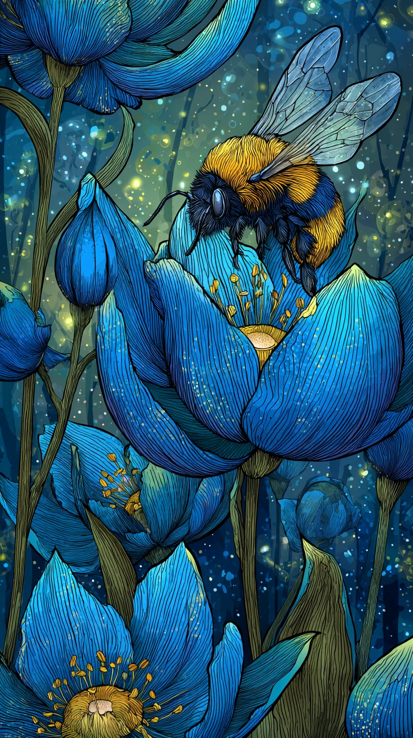 Süße Hummel ruht auf leuchtend blauen Blumen im Sonnenaufgang