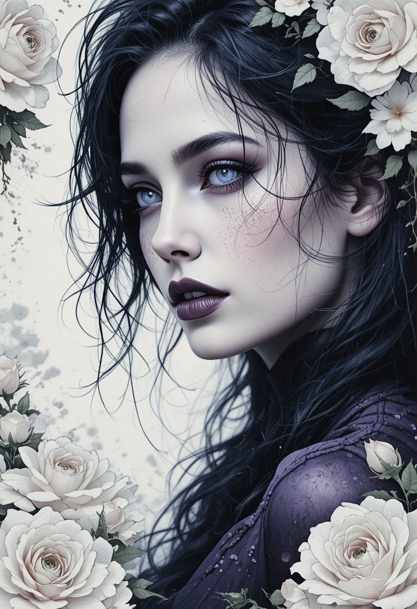 Melancholic dark woman framed by bright white roses