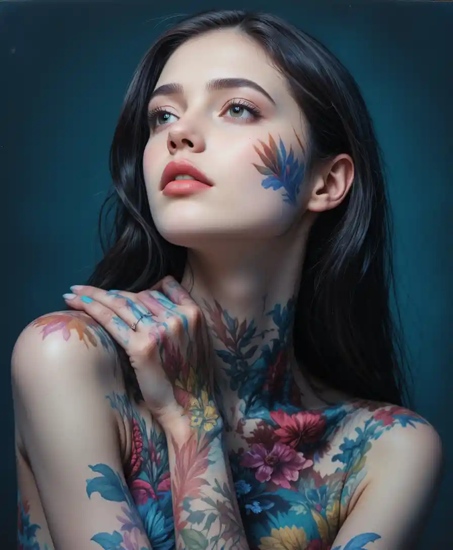 Serene girl in luminous multicolor body paint portrait