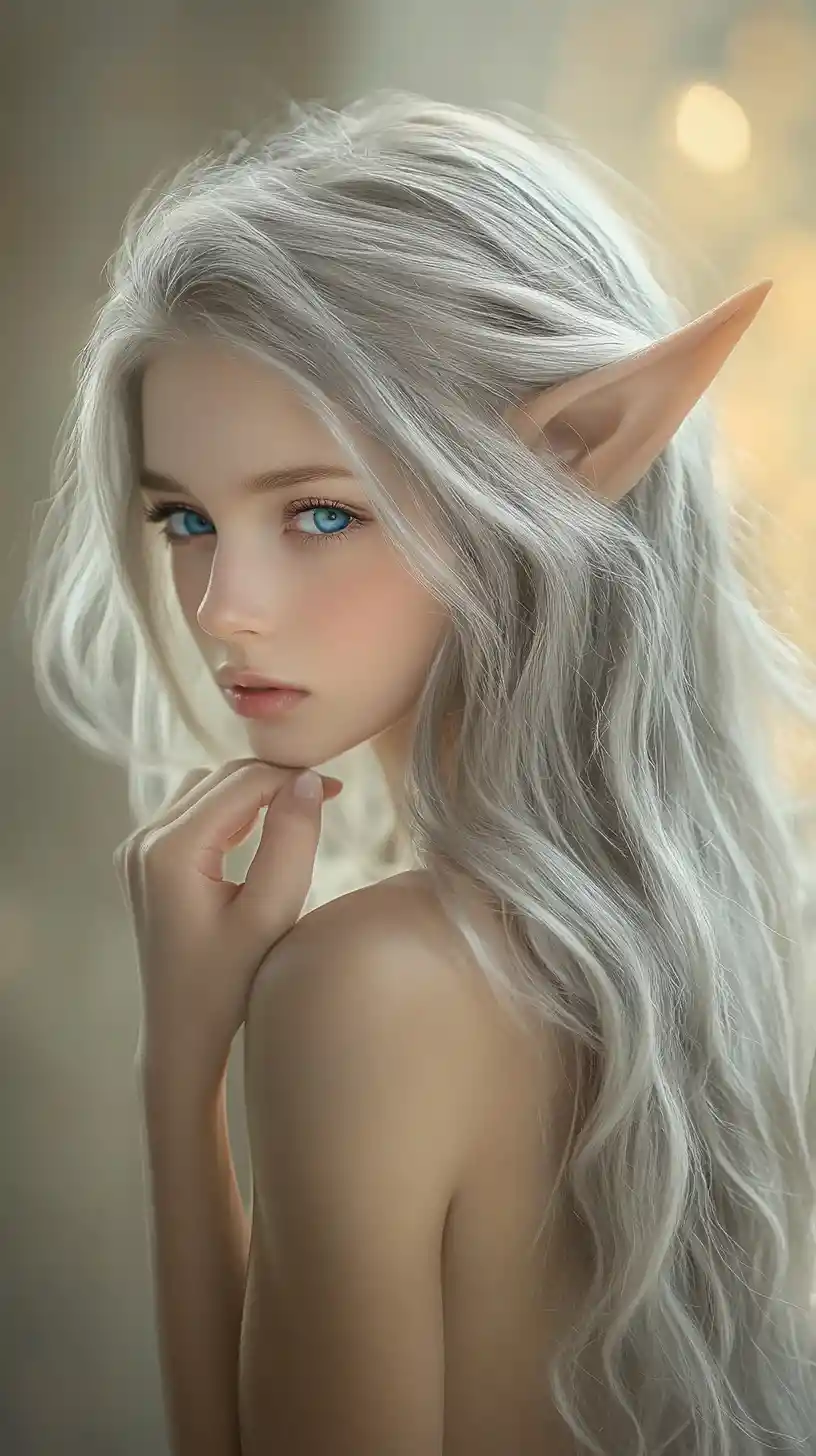 Melancholic elf girl portrait in warm indoor light