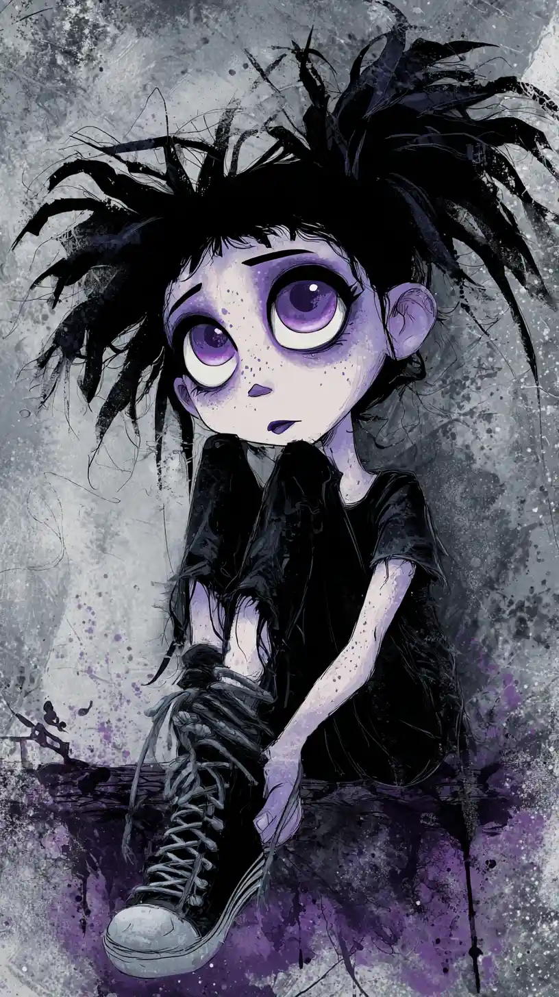 Melancholic gothic chibi figure with large purple eyes