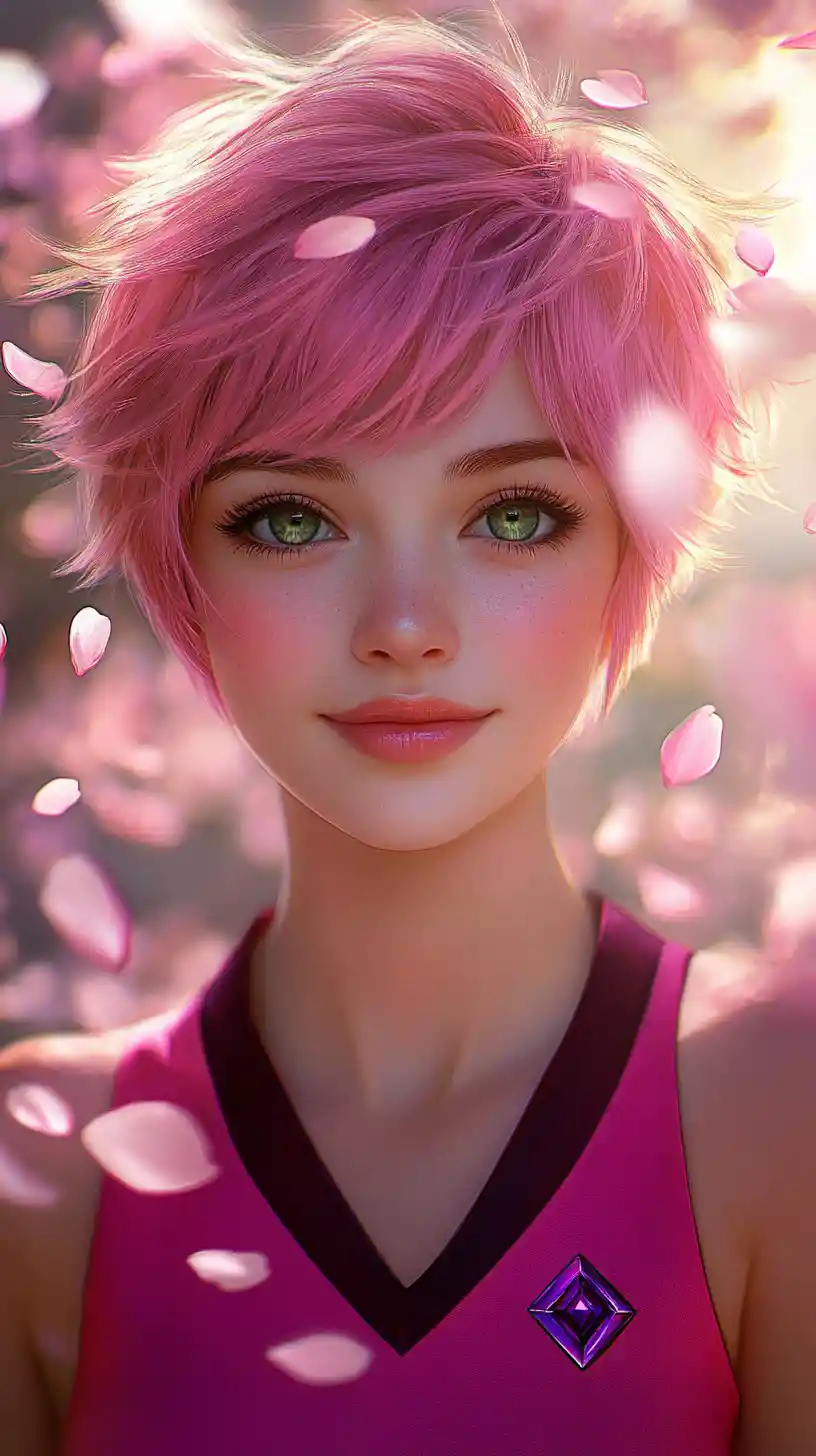 Chica de anime de cabello rosa bajo pétalos de cerezo cayendo