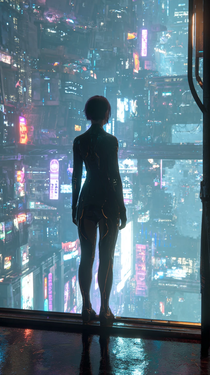 Donna cibernetica in controluce che osserva città futuristica al neon