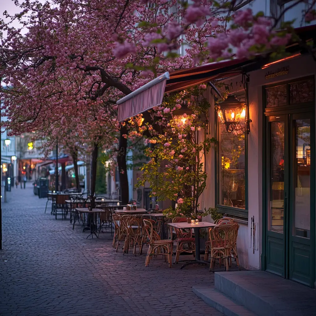 Dreamy pastel street cafe under blooming cherry trees