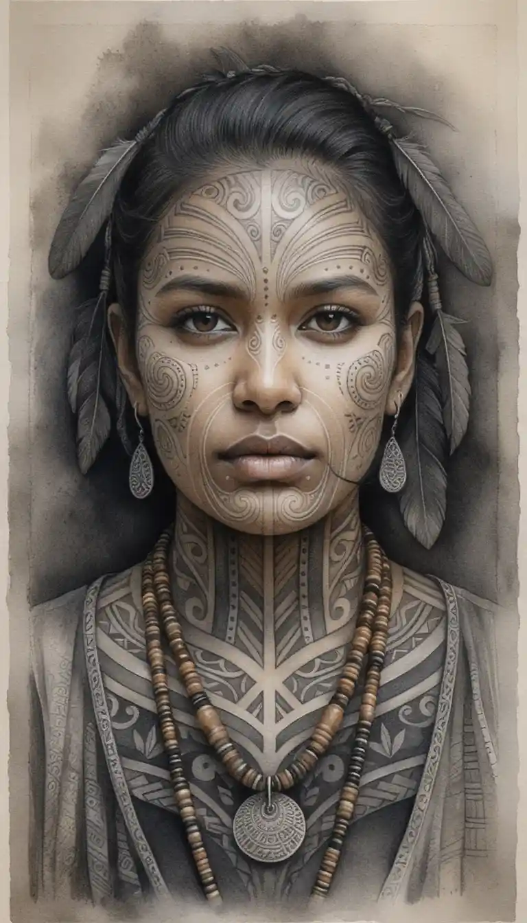Mujer meditativa con tatuajes tribales en retrato al carbón