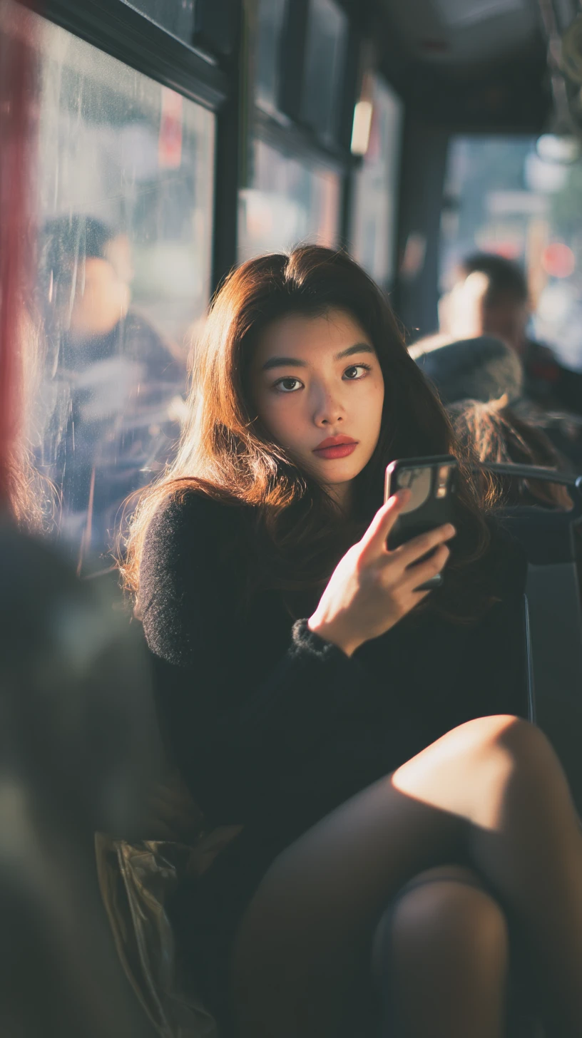 Mujer asiática usando su teléfono en un autobús por la mañana