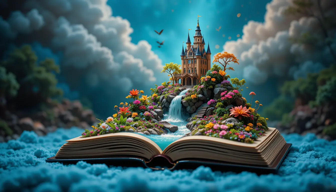 Miniature open book revealing a lush fairy tale garden