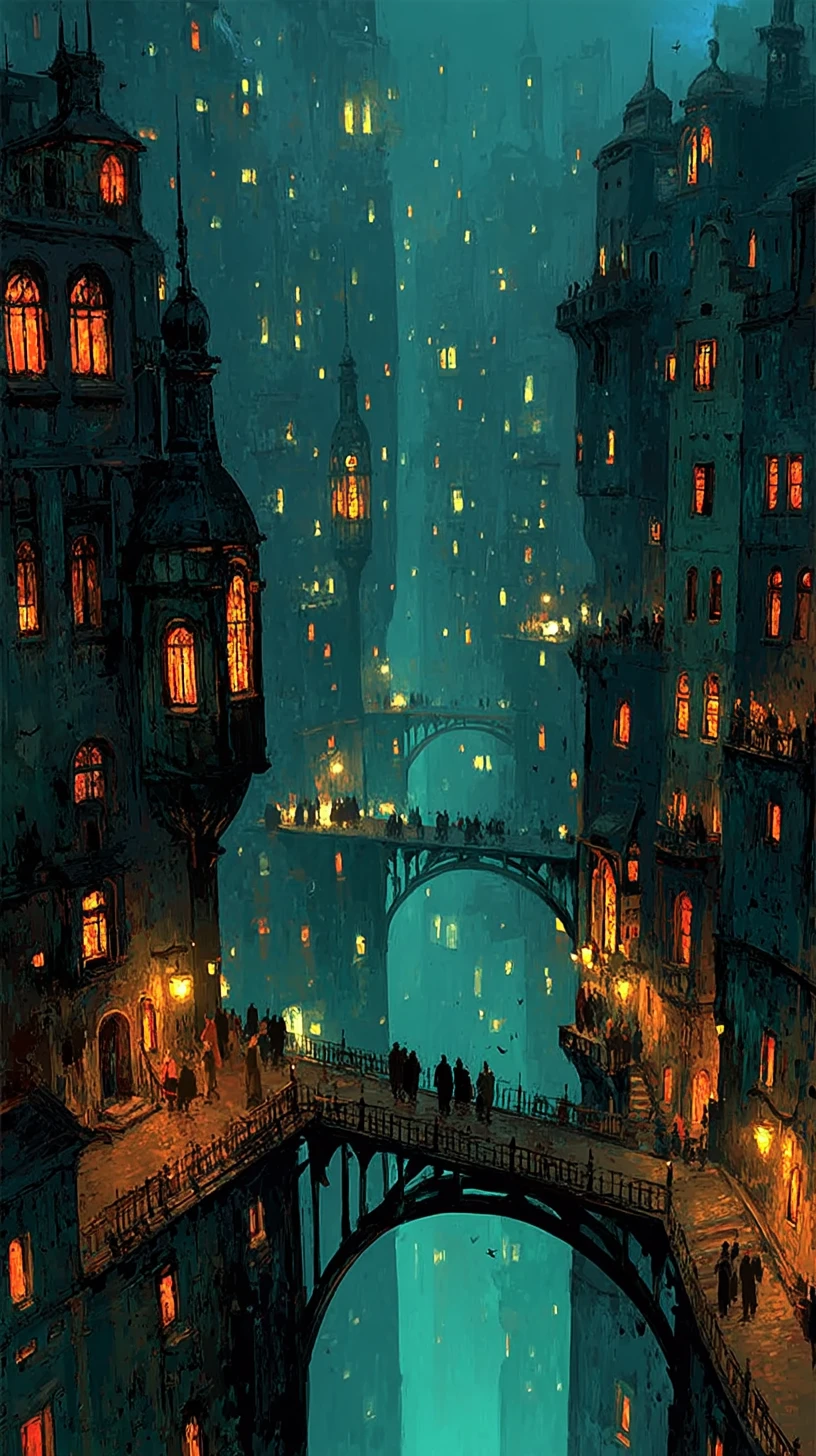 Dark fantasy city suspended above an infinite glowing abyss