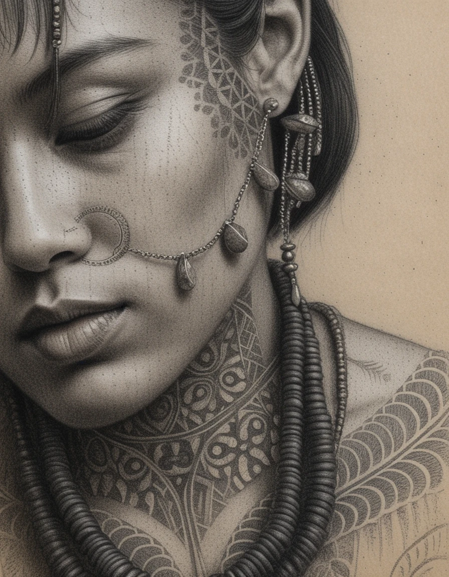 Portrait en gros plan d’une femme tatouée en méditation au fusain