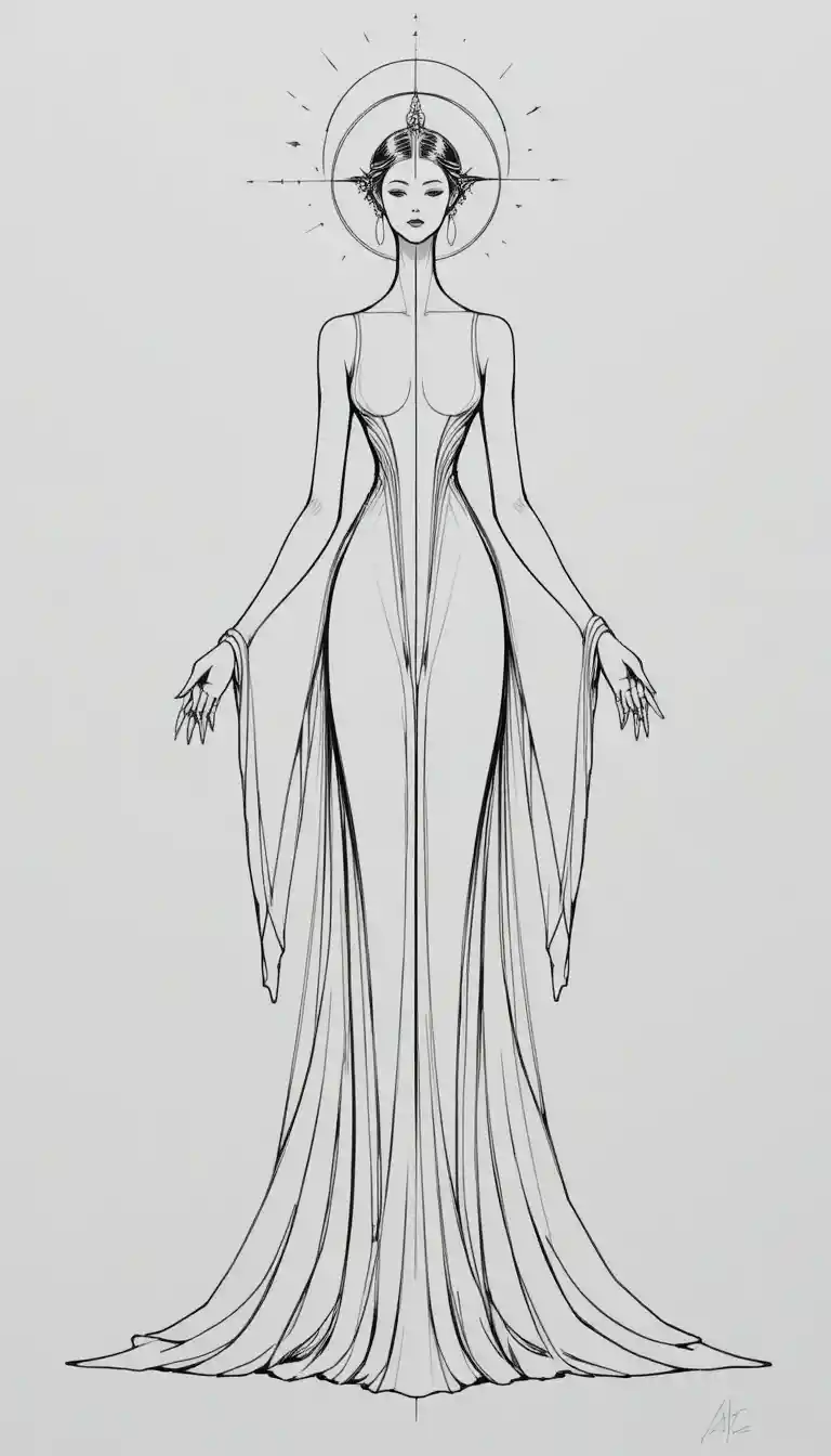 Minimalist black and white star goddess in flowing gown