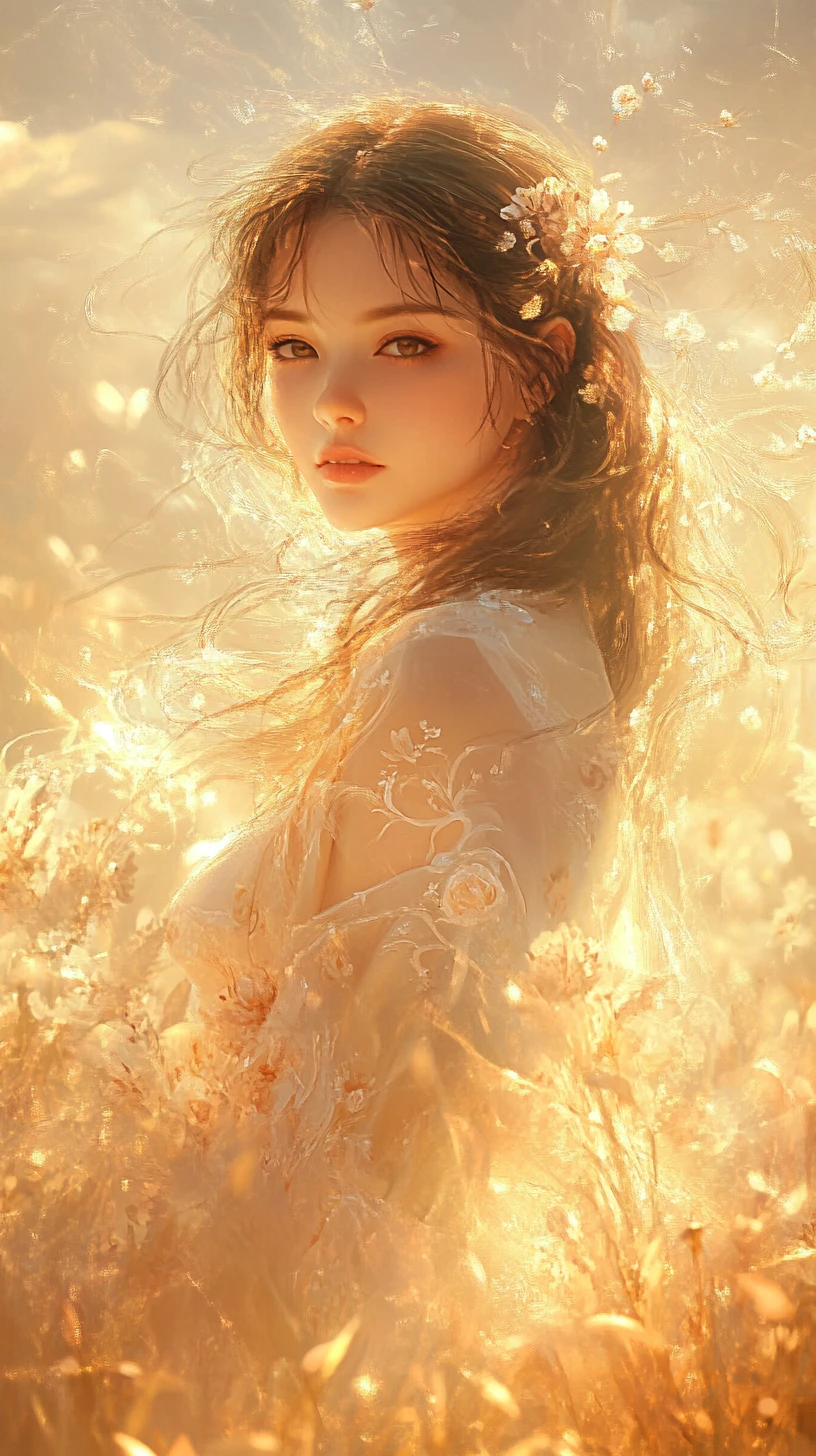 Ethereal woman in a dreamy sunset fantasy landscape