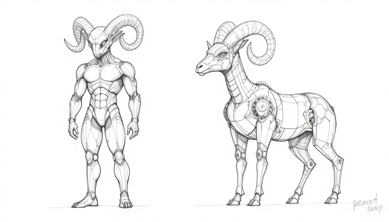 Pencil sketch of humanoid ram figure and quadruped creature