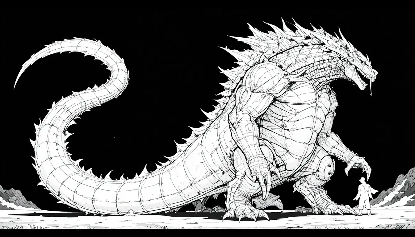 Black and white drawing of a massive spiked mythical creature