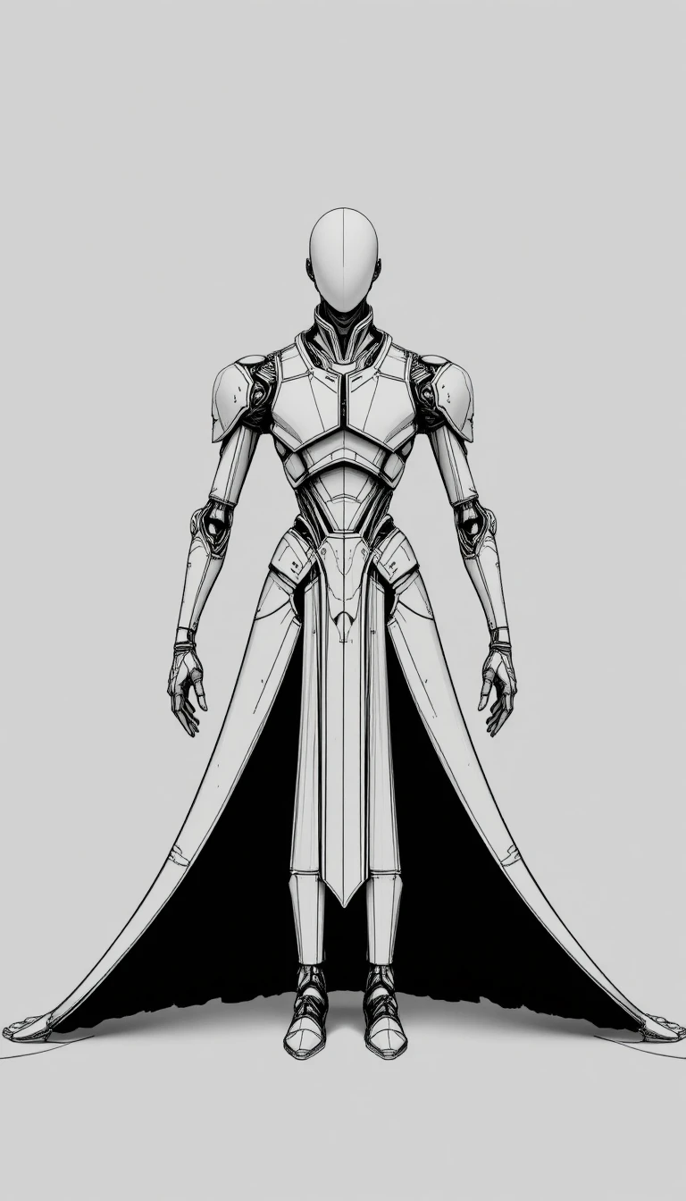 Figure robotique symétrique en armure stylisée, vue de face