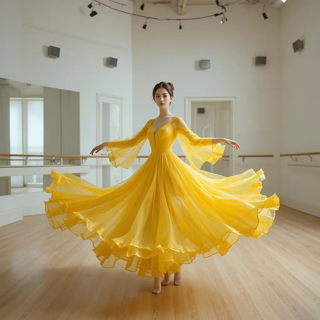 Bailarina coreana rodopiando em vestido estruturado de organza amarela