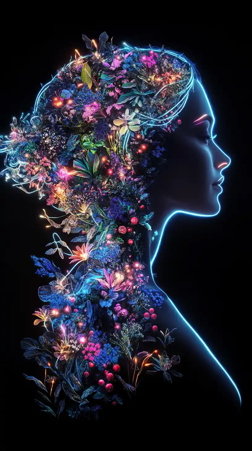 Neon floral woman silhouette glowing against black background