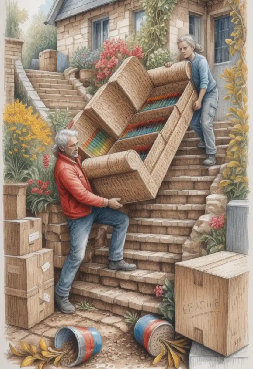 Dos mudanceros cargando un sofá pesado por unas escaleras exteriores de ladrillo