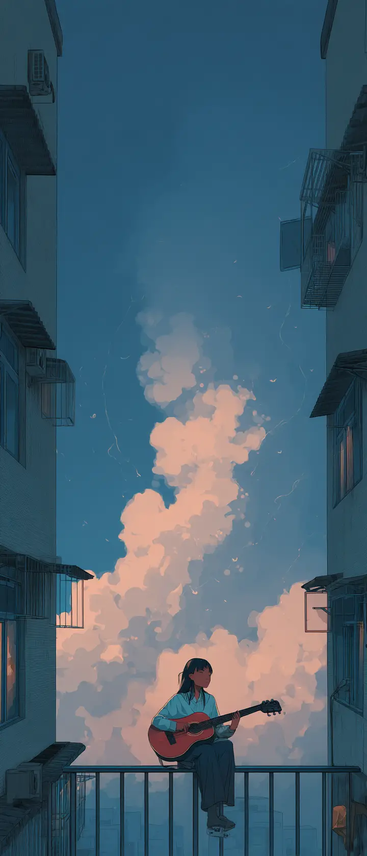 Anime musician listening to her melody in a quiet room