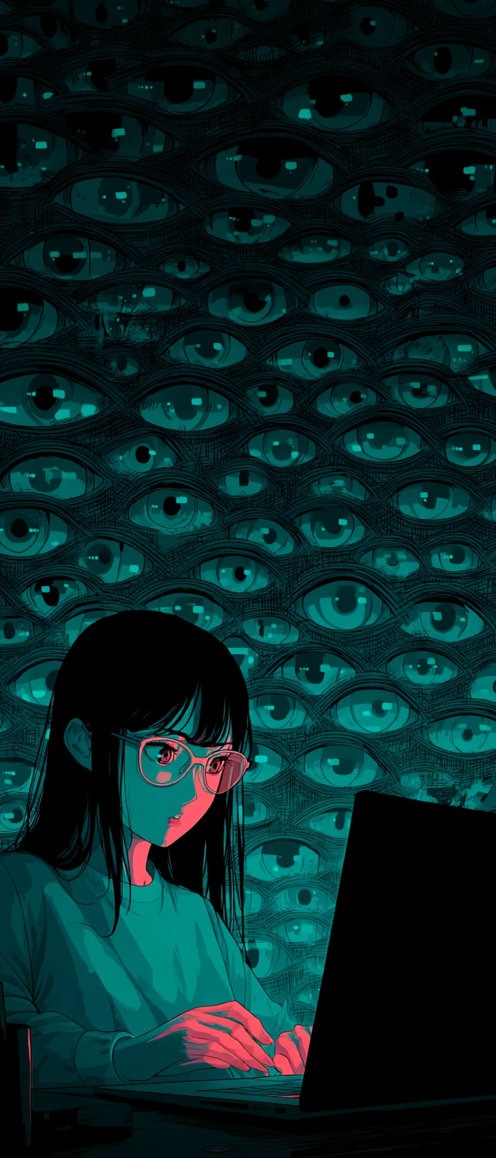Anime programmer watching unsettling eyes emerge from her code