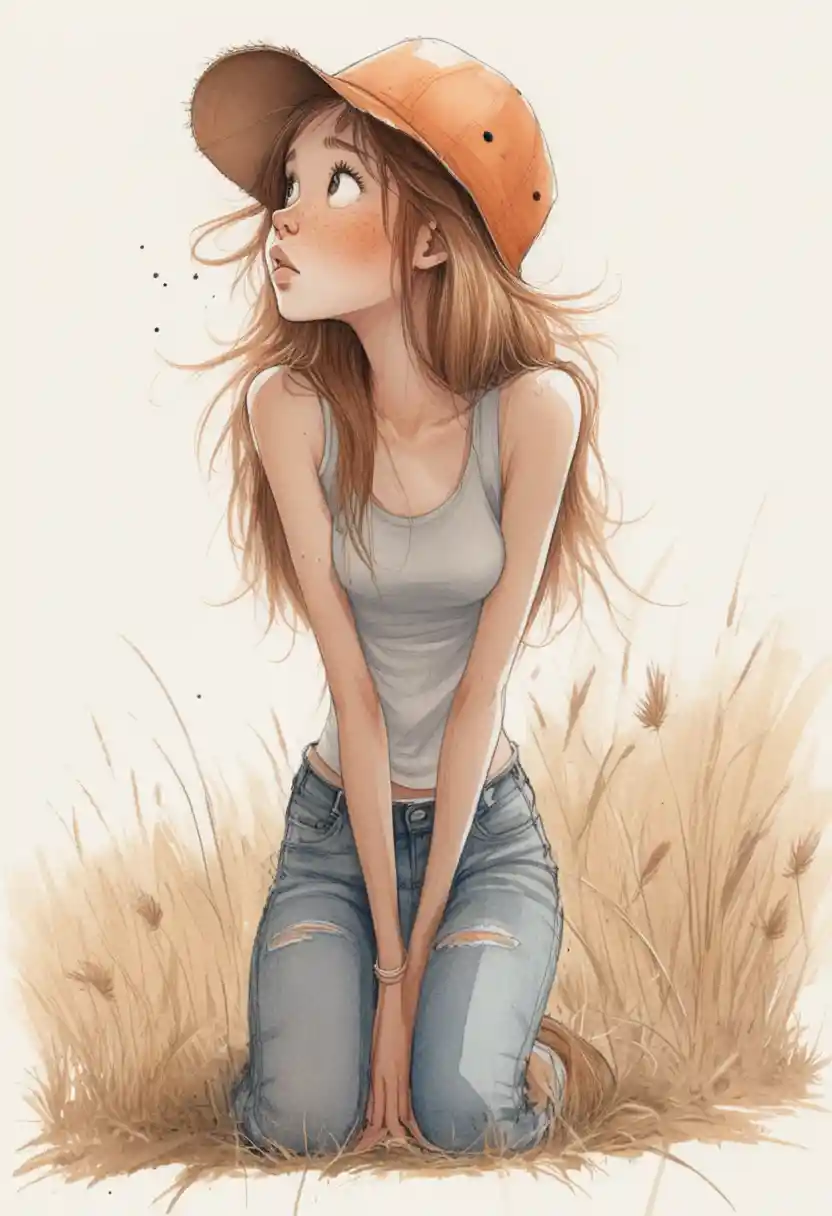 Young girl kneeling in grass wearing a rust bucket hat