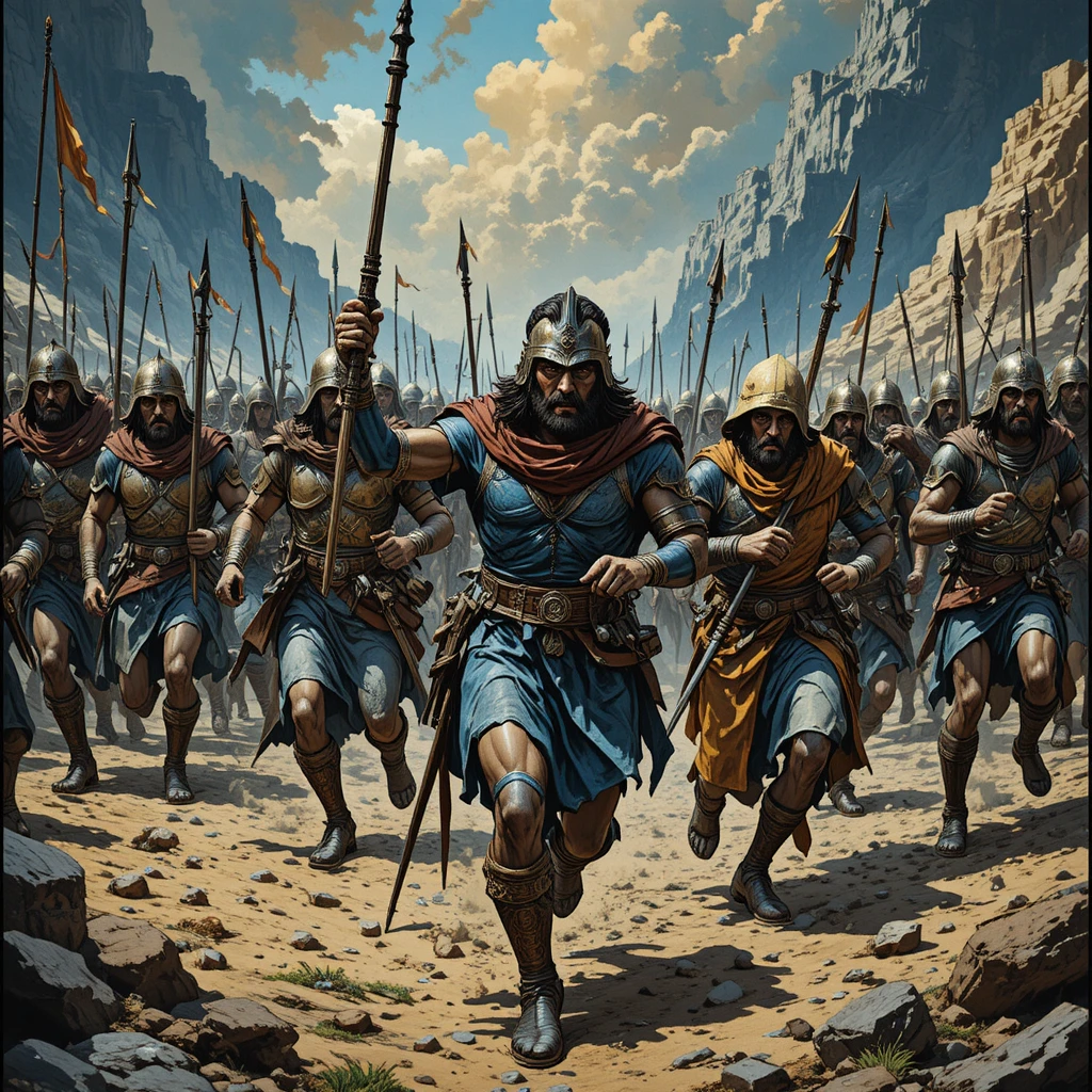 Heroic warriors charging toward their waiting adversaries