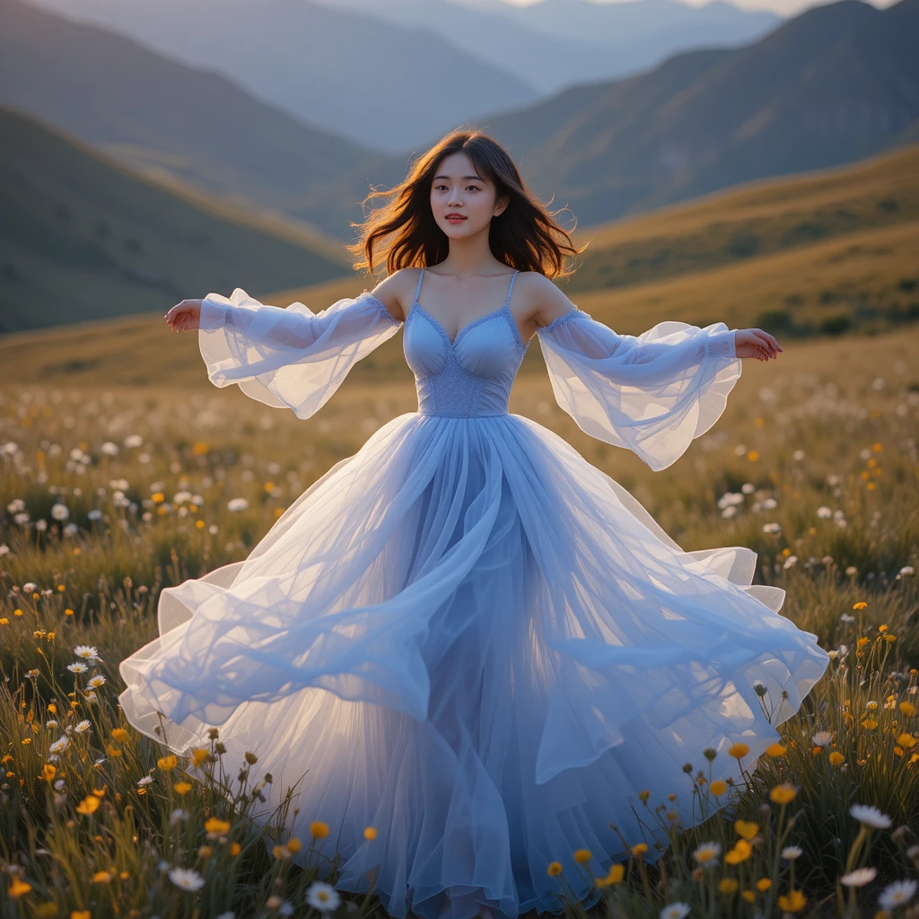 Korean college girl in blue tulle gown in meadow breeze