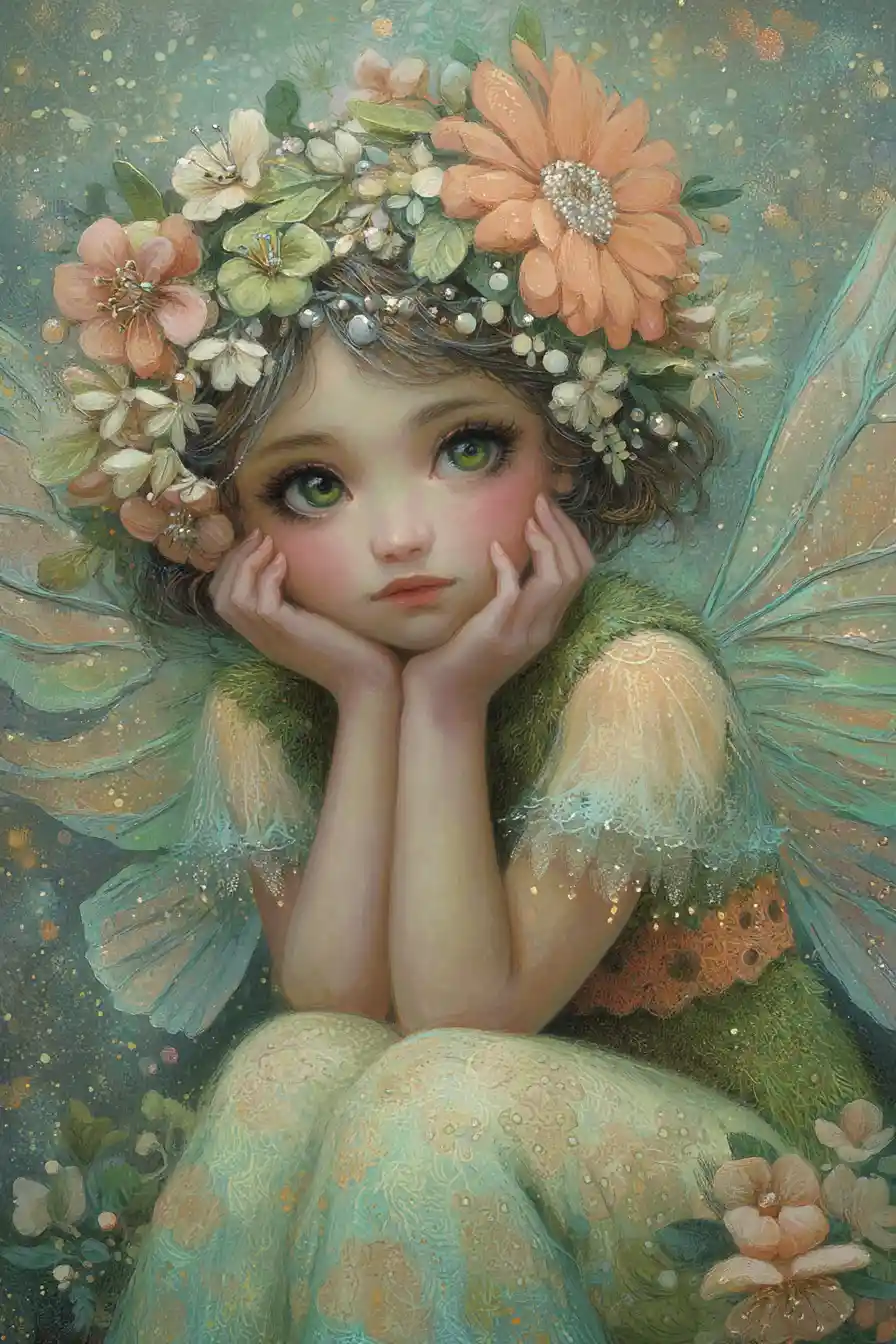Whimsical fairy in a surreal retro fantasy garden painting
