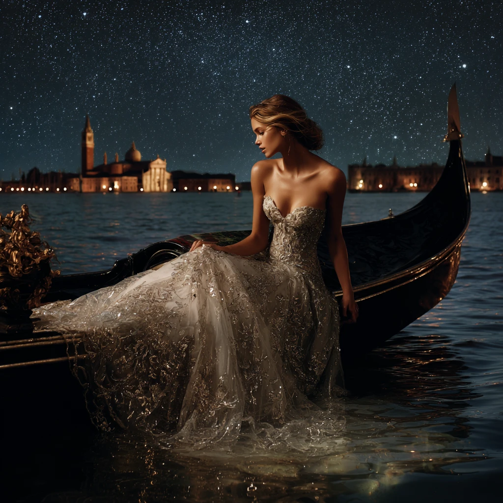 Mujer elegante con vestido sentada en una góndola veneciana de noche