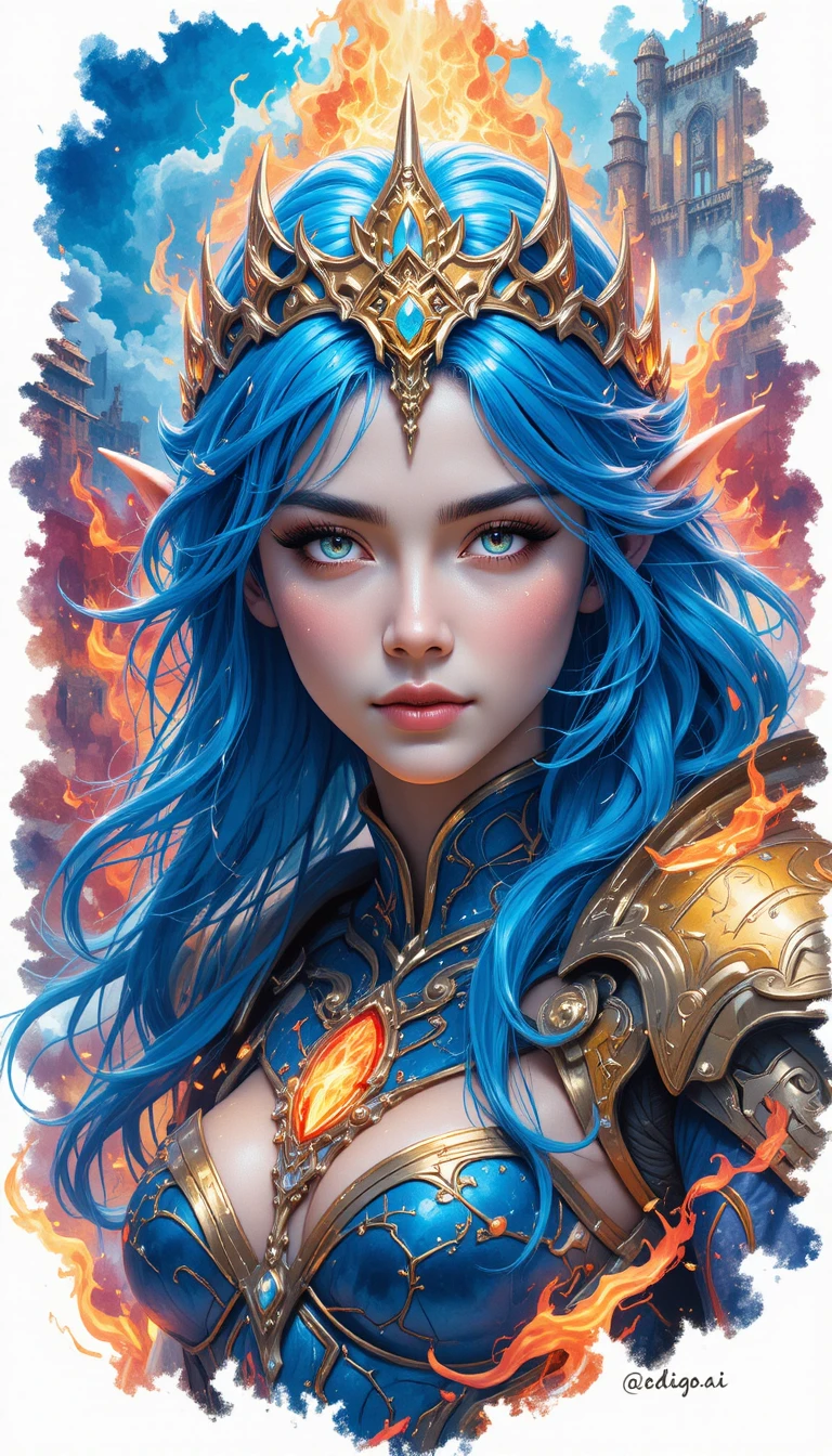 Blue haired fantasy queen in flaming golden armor