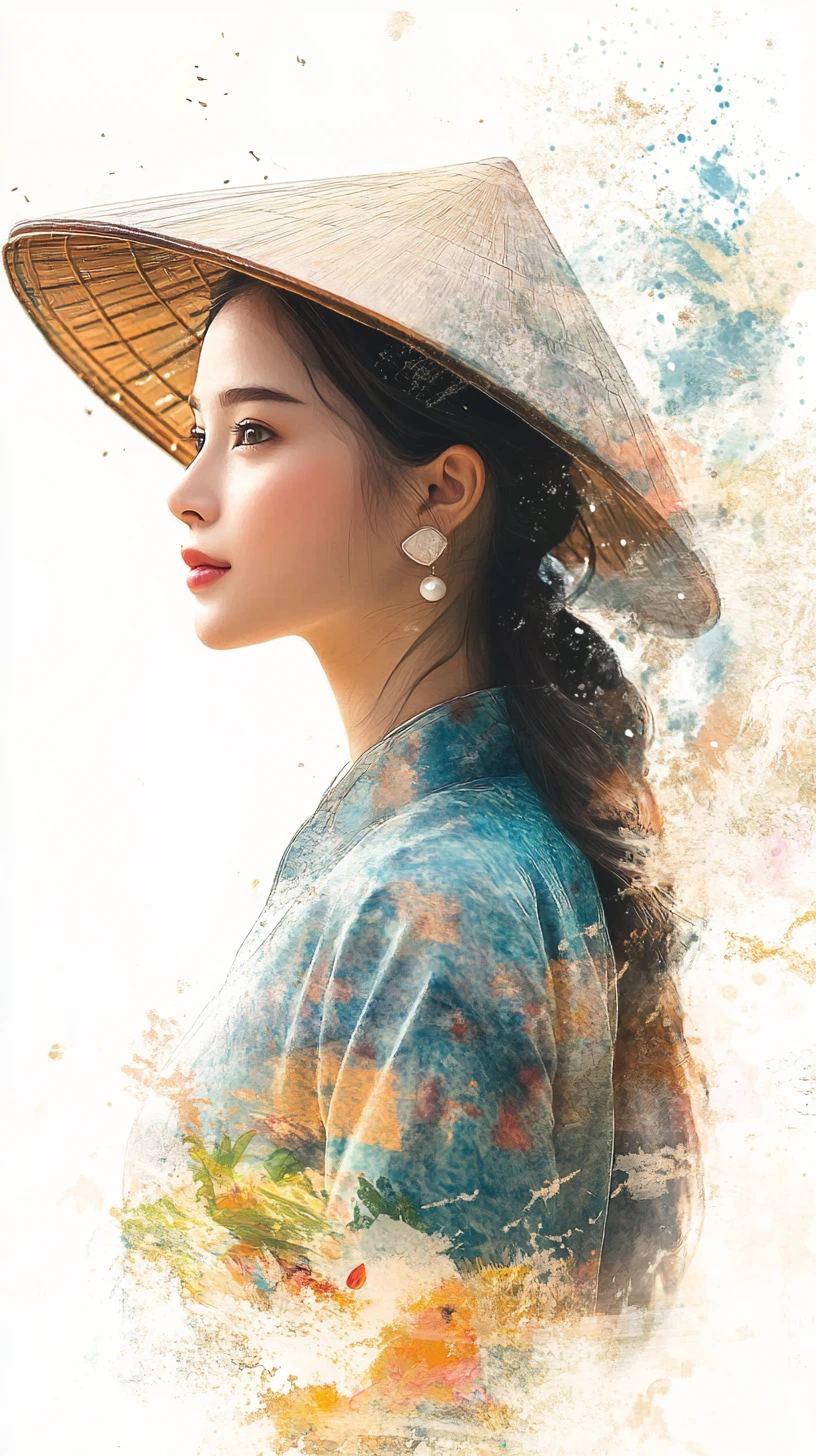 Vietnamese woman in profile dissolving into colorful abstract paint